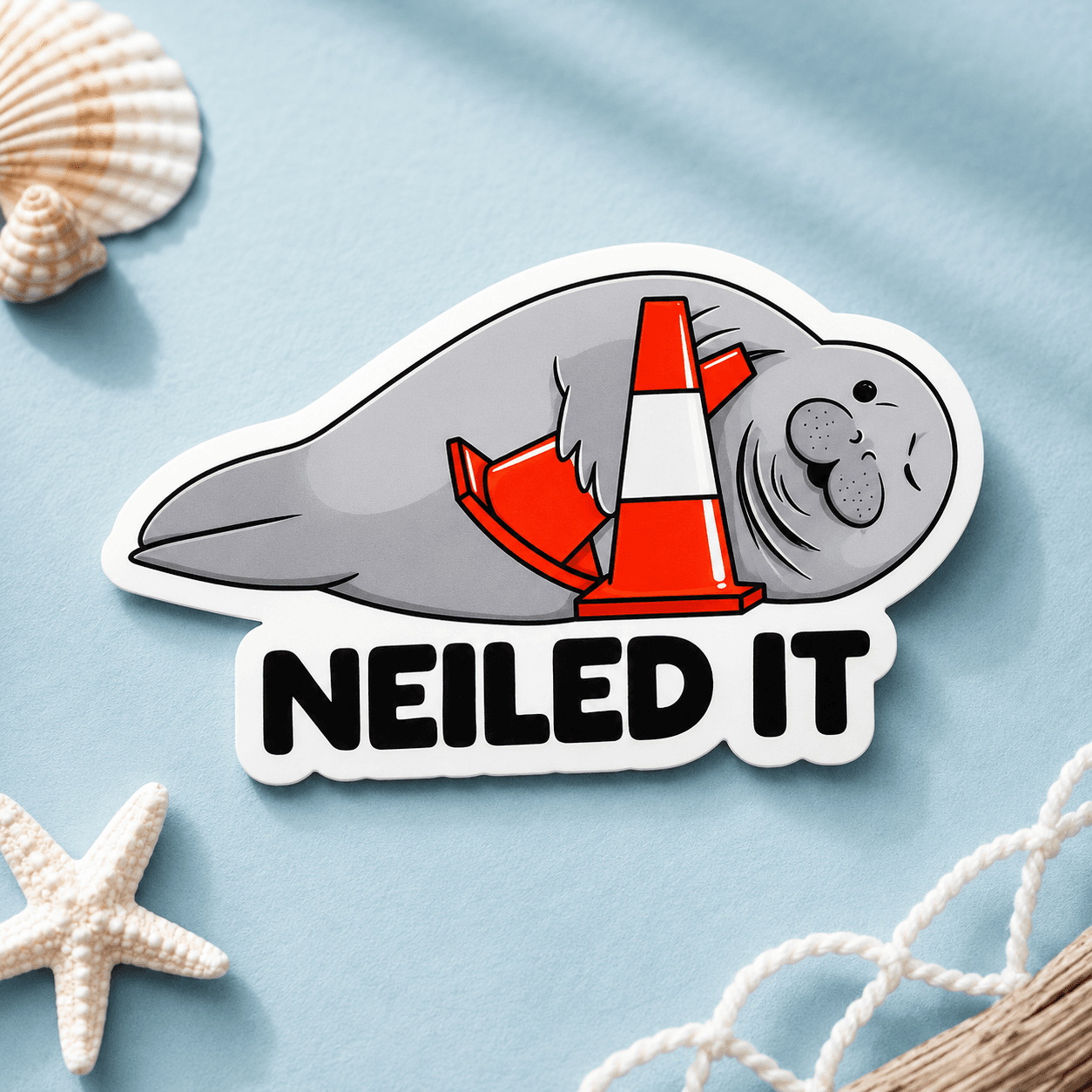 Neiled It die-cut vinyl sticker featuring Neil the Seal