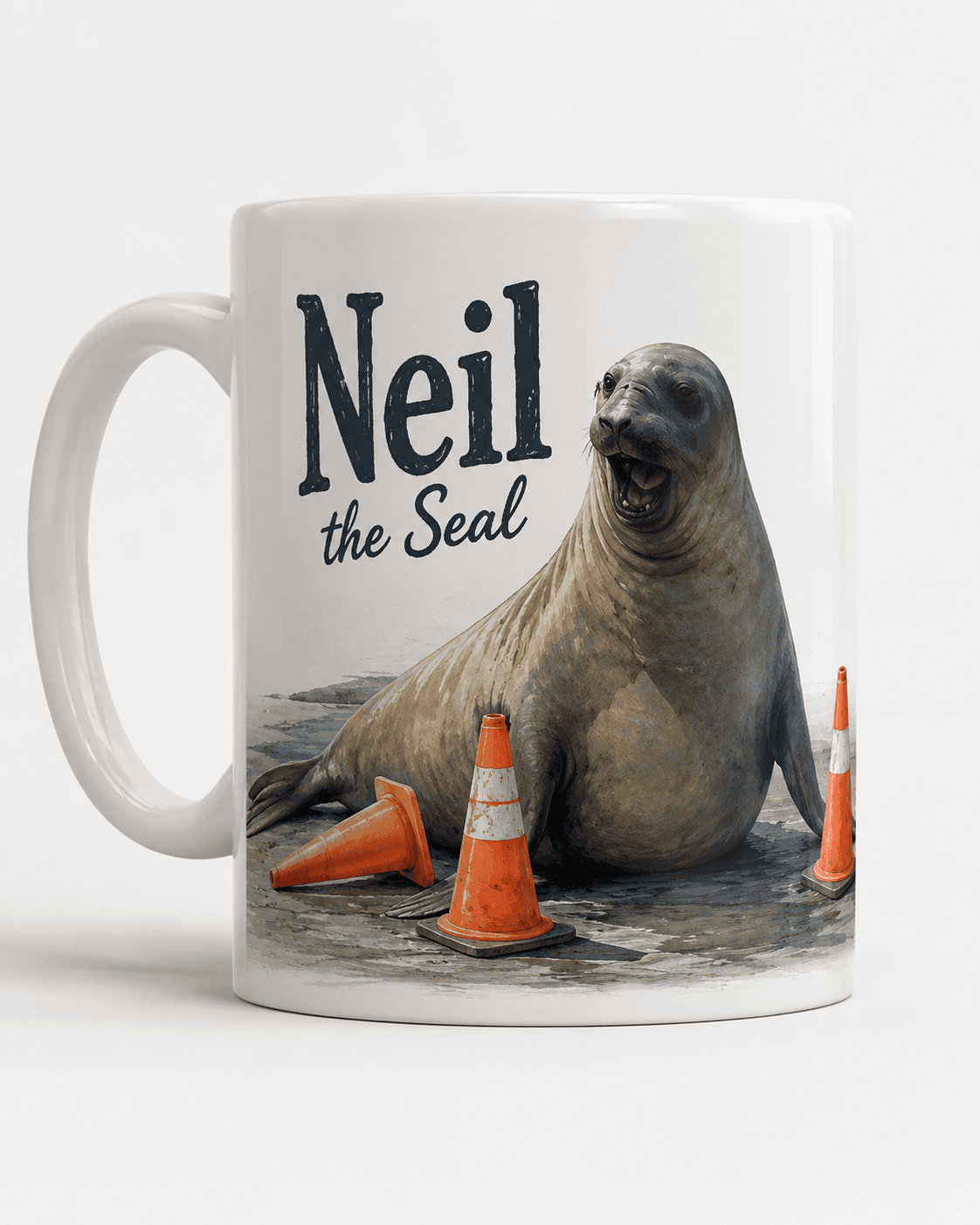 Neil the Seal ceramic mug with watercolour Neil and safety cones design